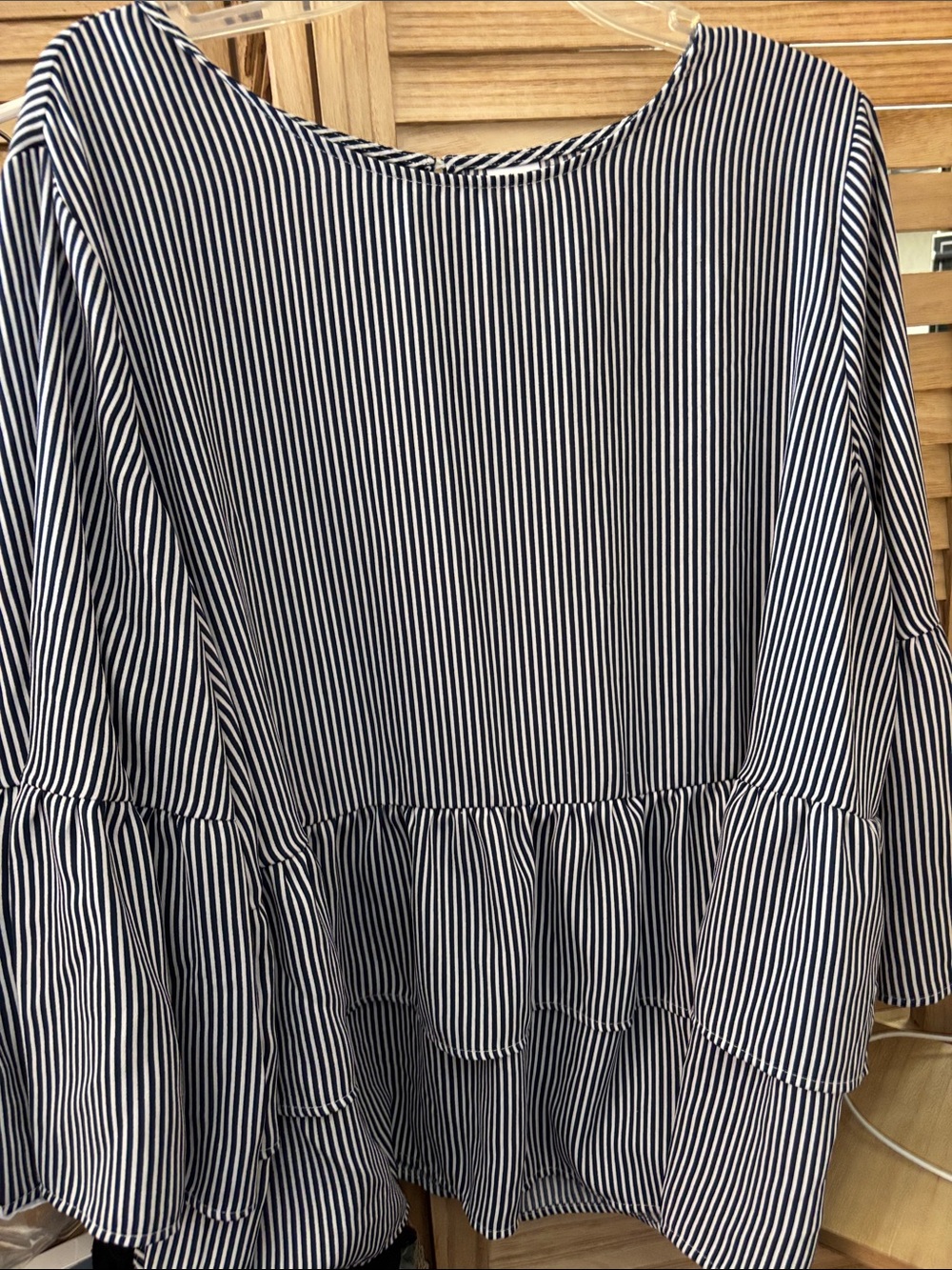 Time and Tru Blue and White Striped Ruffle-Hem Shirt XXL